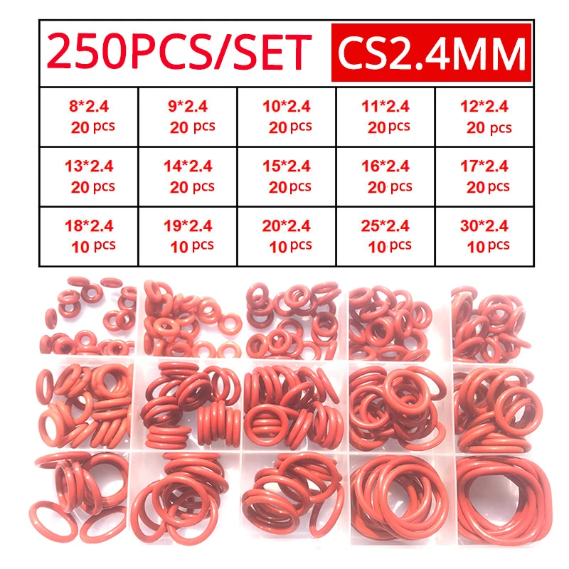 silicone pces anéis vermelho silicone vmq selo de vedação silicone arruela de borracha conjunto sortimento kit conjunto caixa anel