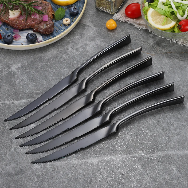 6Pcs/set Stainless Steel Sharp Steak Knife Black Rose Gold Silver Meat Knives Restaurant Cutlery Flatware Set Dishwasher safe