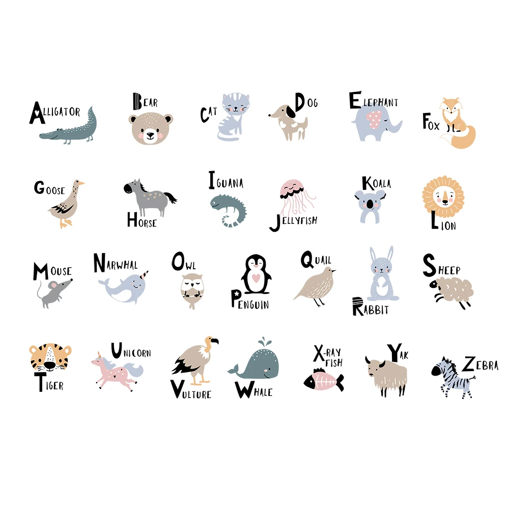 Cute Animals Alphabet English Word Kids Wall Stickers for Nursery Kindergarten Classroom Decor Window Door Tile Bedroom Decals