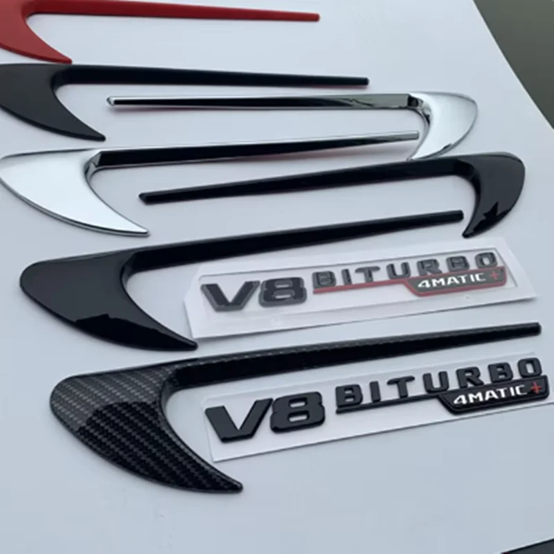 2pcs 벤트 펜더 트림 엠블럼 블레이드 로고 V8 BITURBO 4MATIC + V8 C200 C300 E300 E400 W213 자동차 사이드 스티커