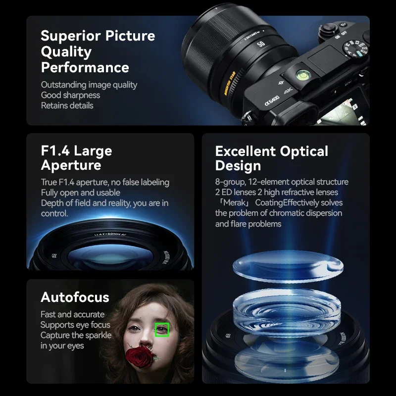 브라이트인 스타 50mm F1.4 AF APS-C 자동 초점 DSLR 렌즈 ( E ZVE10 A6400 a6000 A7 a5000 후지 XF XT50 XPRO XA XH XM5 XE5 용)