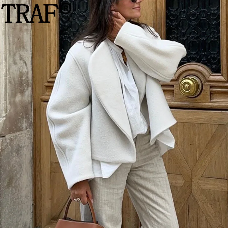 

TRAF Cropped White Jacket For Women Long Sleeve Cardigan Tweed Jacket Woman Fashion Autumn New In Coats Y2K Open Short Coats