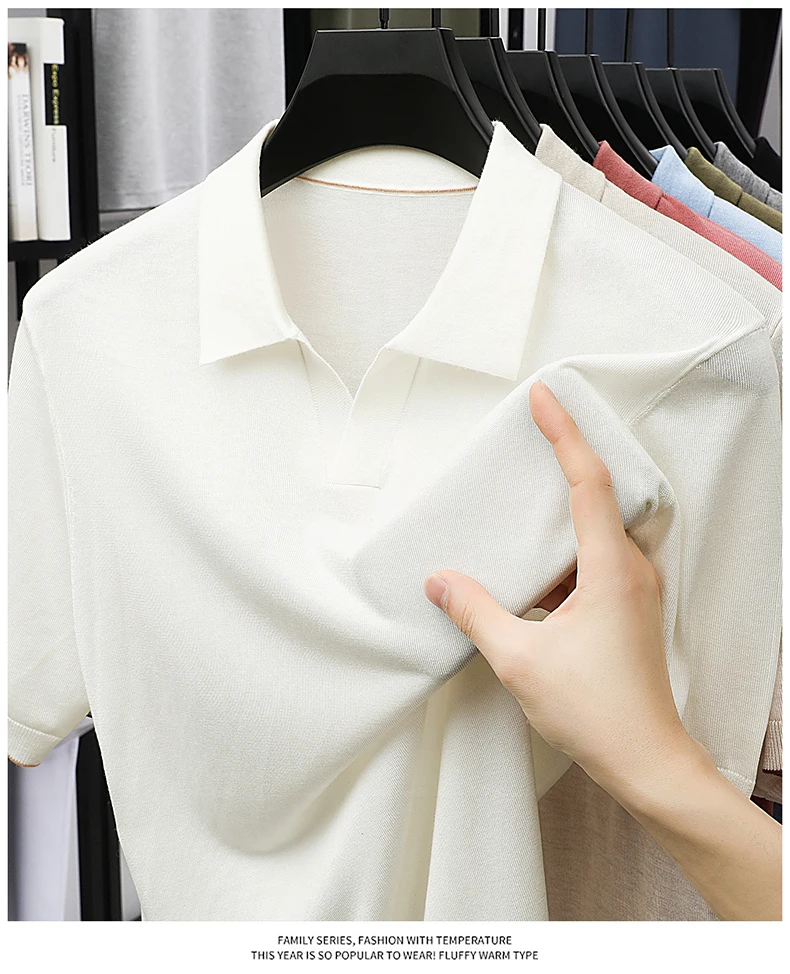 100% Lyocell Knitwear 2025 Men Spring Summer Trendy Turn Down Collar Knit Tees Short Sleeve Breathable Knit Tops