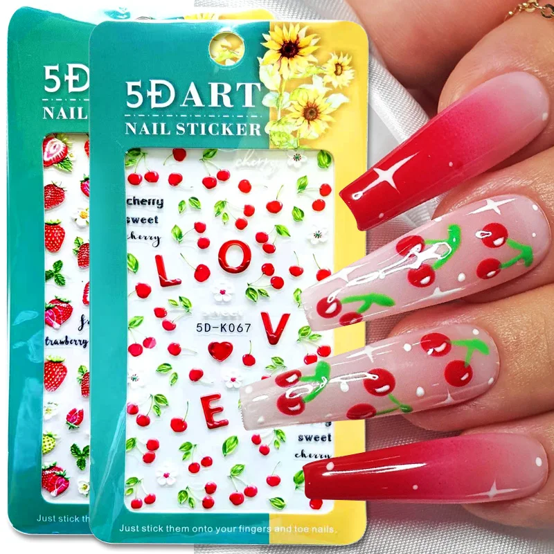 

5D Embossed Fruits Nail Sticker Summer Lemon Strawberry Watermelon Palm Tree Flower Leaf Nail Decals Self Adhesive Manicure