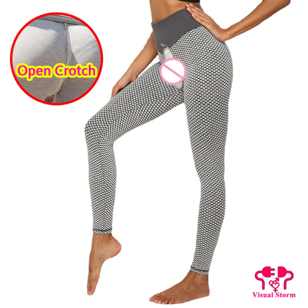 

Woman Sexy Open Crotch Leggings Double Zippers Mesh Stripe Fishnet Push Up Lift Fitness Pants Couple Crotchless Sport Trousers