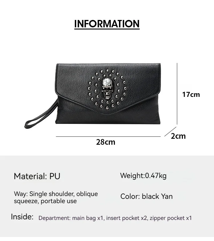 Schoudertas voor dames, punk stijl clutch met schedel decor_voghion.com