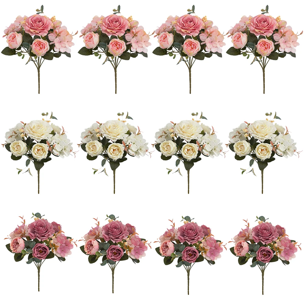 4PCS Rose Künstliche Blume Retro Seide Braut Bouquet Hortensien Pfingstrose Vintage Gefälschte Blumen Hause Hochzeit Dekoration Zubehör