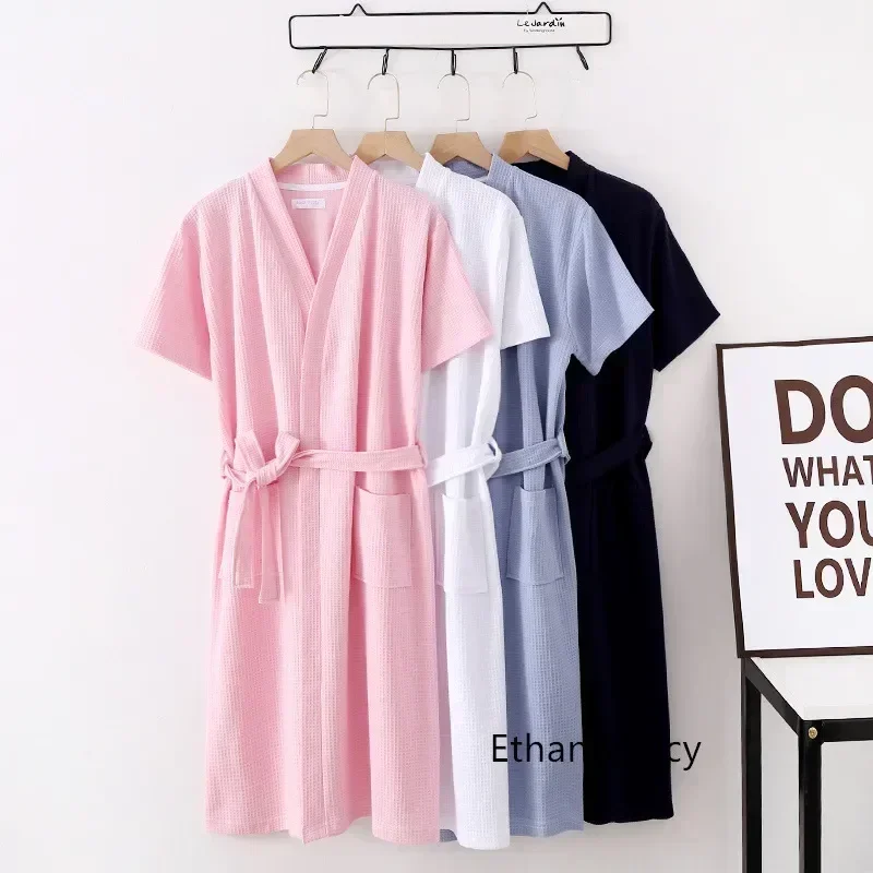 

+ Cotton Service Robes Sleeves for Bathrobe Hotel Summer Waffle Thin Women Sleeves) Nightgown Home (nine Short