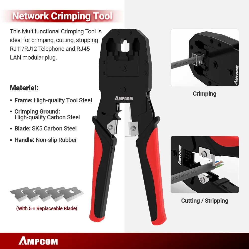 AMPCOM RJ45 크림퍼 랜 테스터 도구 세트, 이더넷 케이블 스트리퍼 펀치 다운 도구, RJ 45 RJ11 커넥터, 12 인 1 케이블 수리 세트