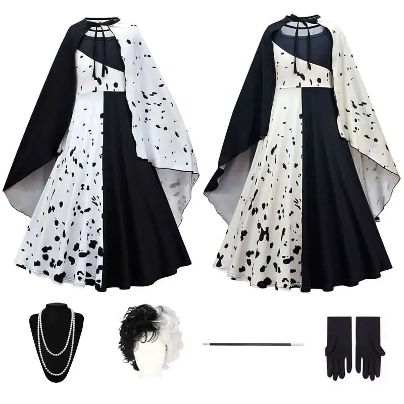 Cruella Dress For Girls Clothes Kids Black White Dress Parrucca Collana Cruella De Vil Cosplay Polka Maid Costumi Di Halloween