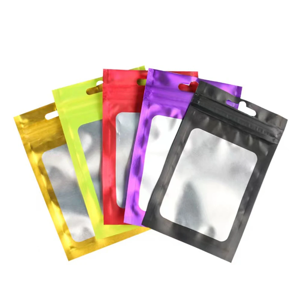 100Pcs 지퍼 잠금 다채로운 알루미늄 호일 가방 교수형 구멍 매트 지우기 창 셀프 그립 지퍼 인감 눈물 노치 재사용 가능한 식품 팩