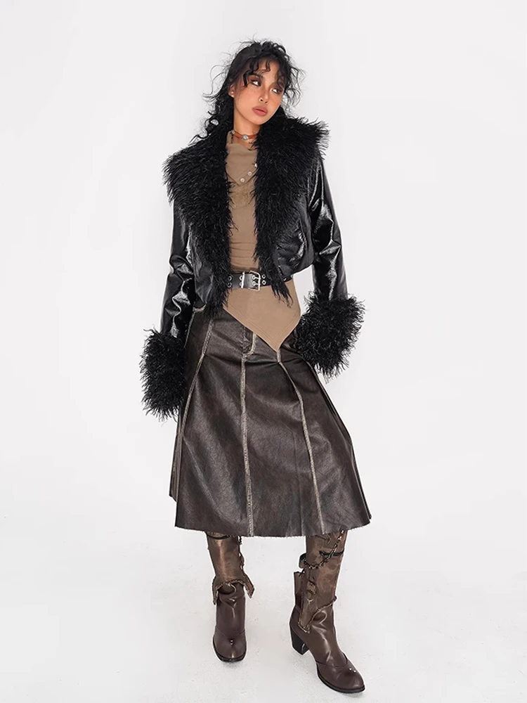 Winter Women Faux Fur Gothic Pu Faux Leather Racer Jacket Crop