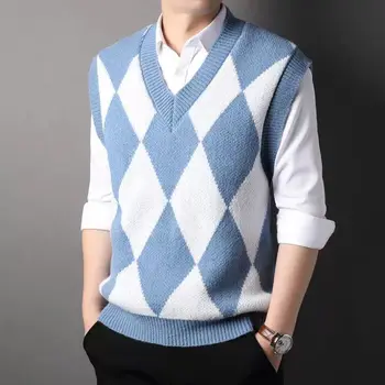 V넥 캐주얼 기하학 조끼 스웨터, 남성용 의류, 루즈 니트, 한국 풀오버, 올매치 상의, 패션, 2024 용수철, 신상