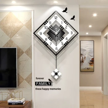 3D 거실 미니멀리스트 스윙 벽시계, 북유럽 사각형 홈 장식, 걸이식 시계, 가벼운 럭셔리 시계