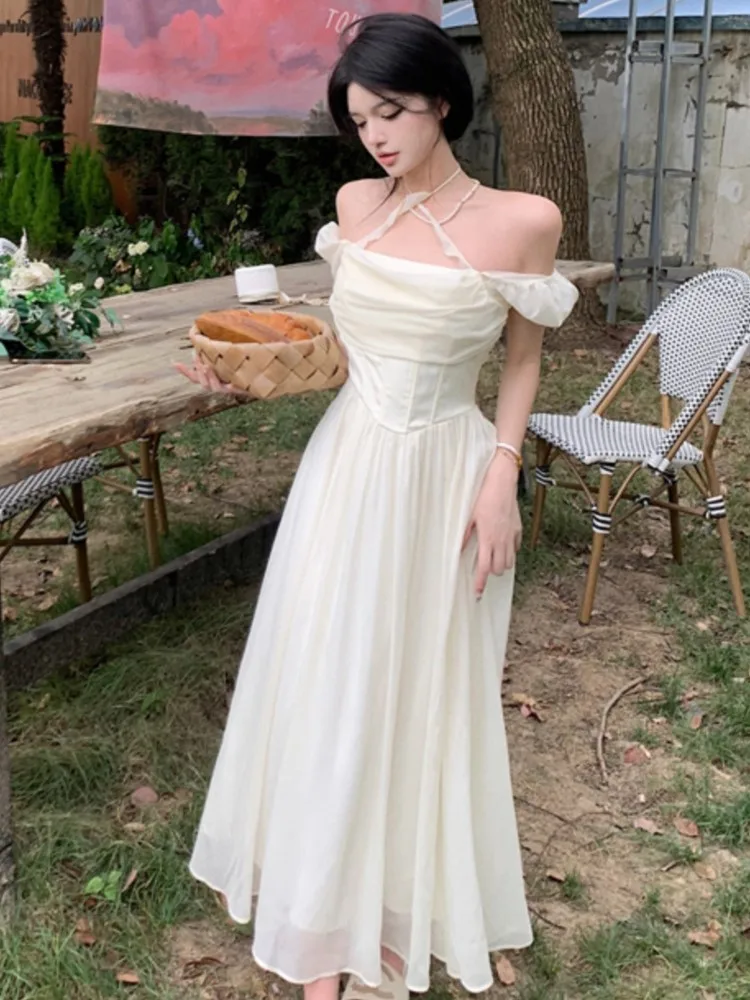 

Summer Women Halter Midi Dress Elegant Female Chiffon Square Neck Party One Pieces Dresses 2023 French Solid New Vestidos Robe