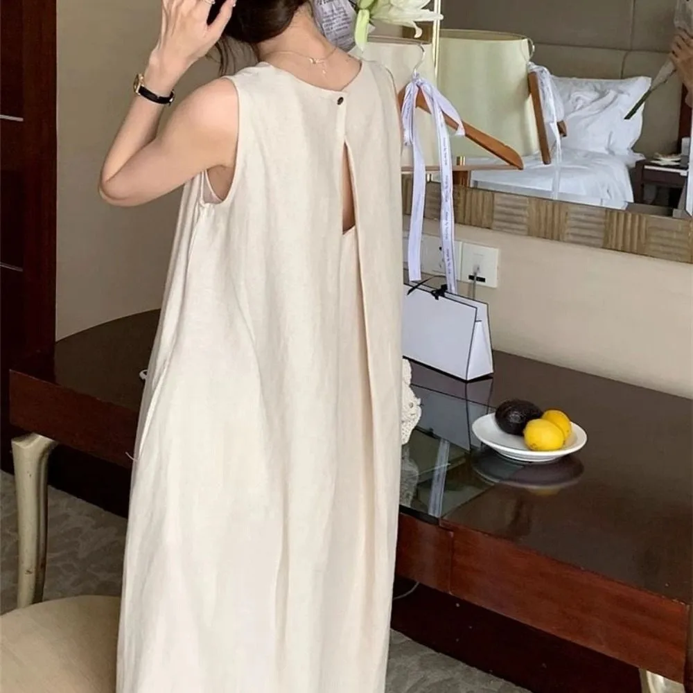 Fashion Solid Summer Sleeveless Dress Round Neck Hollowed Out Vocation Vest Dresses Simple Beachwear Open Back Long Dress Teens