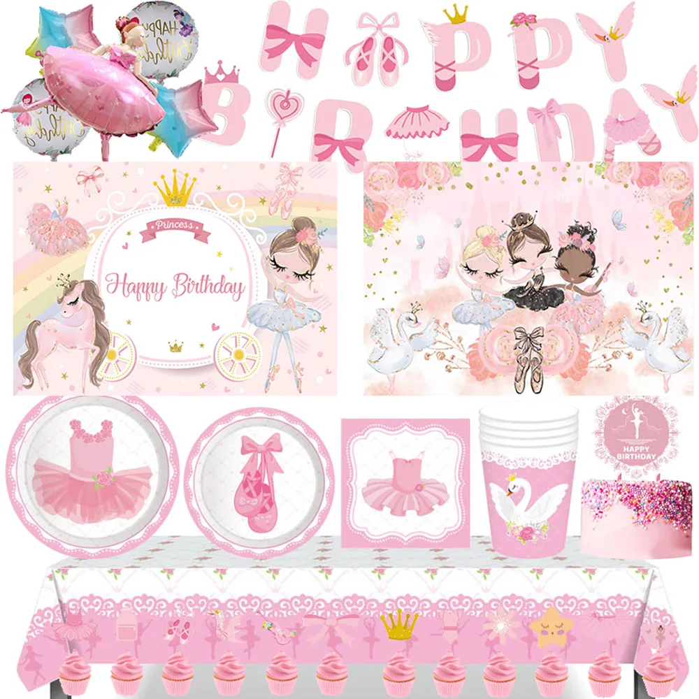 Pink Swan Ballet Dancer Girl Theme Birthday Party Disposable Tableware Ballerina Crown Balloon Backdrop for Princess Girl Gift