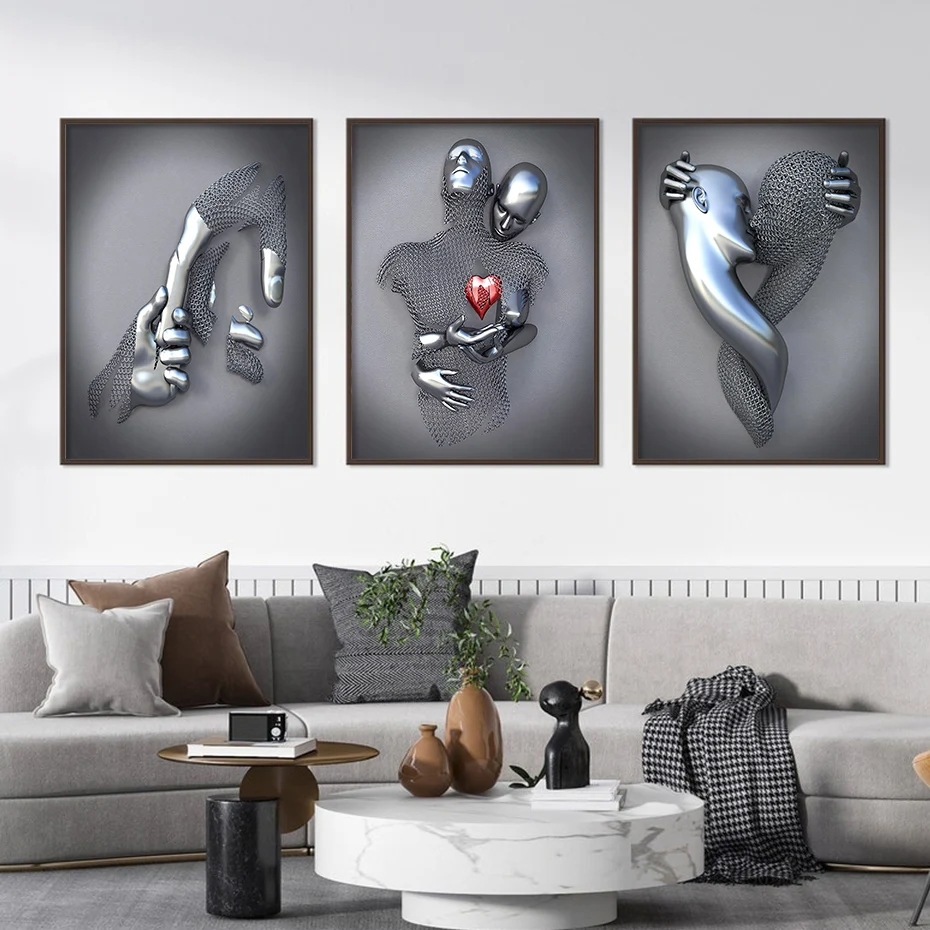 Trio of metal figure canvas paintings for bedroom decoration