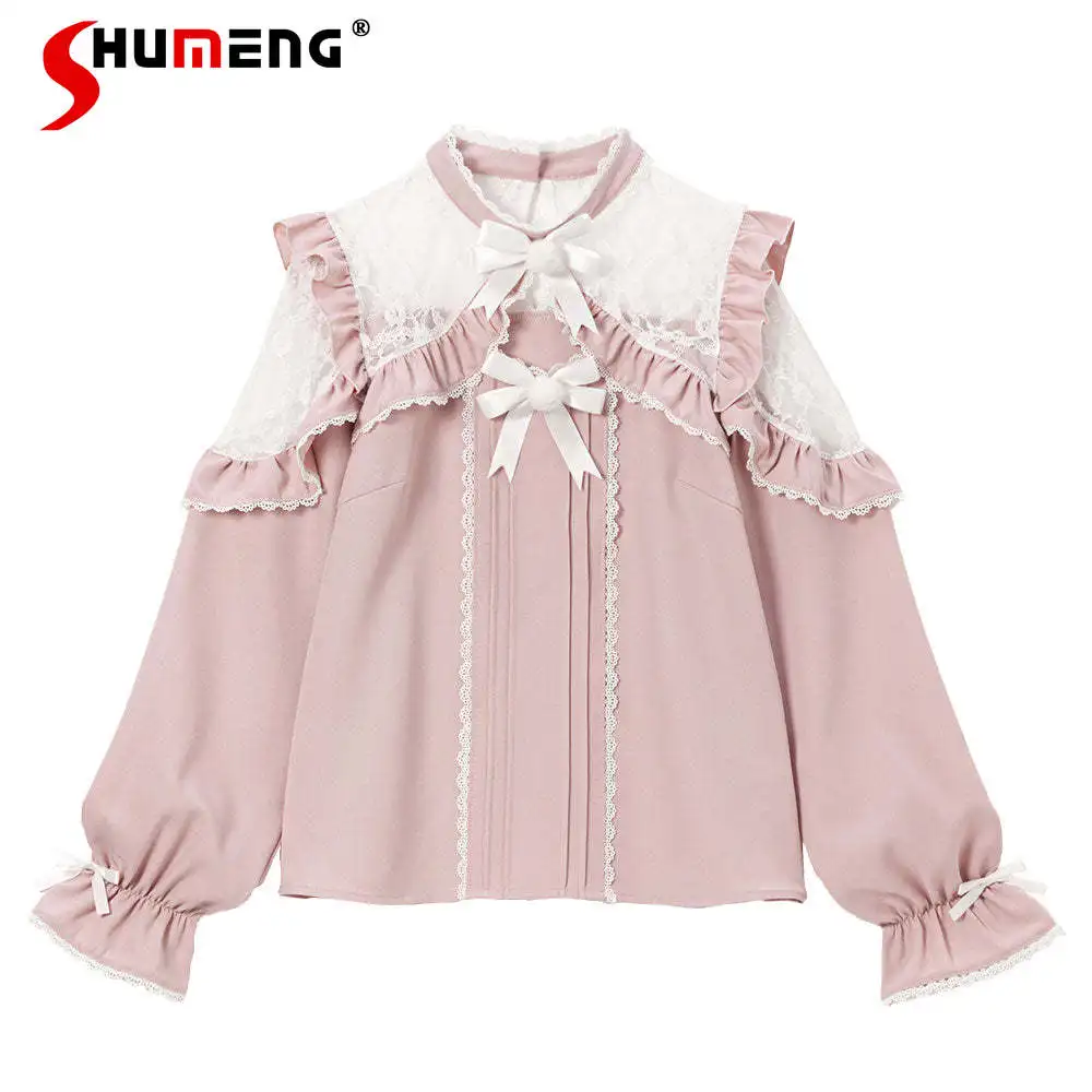 Japanese Style Sweet Blouse Campus Lace Patchwork Blouse Woman 2024 New Cold-Shoulder Lace Bow Cute Stringy Selvedge Shirts