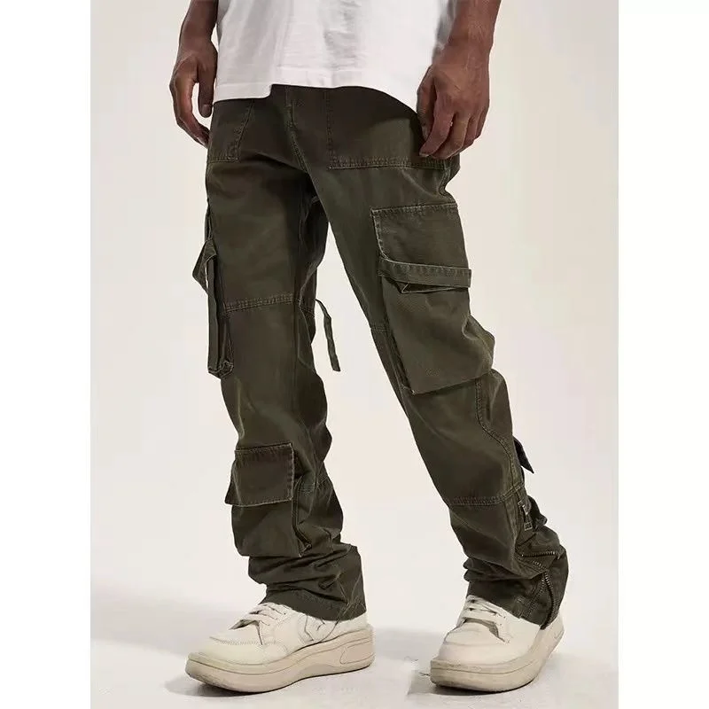 

Solid Multi-Pocket Lace-Up Cargo Pants Distressed Fashion High Street Straight Leg Pants Harajuku Casual Retro Trousers Men