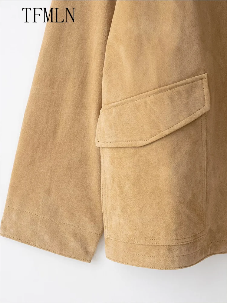 TFMLN New 2025 Chic Women Causal Pockets Jackets Fashion Lapel Single Breasted Loose Coats Autumn Vintage Female Solid Outwear