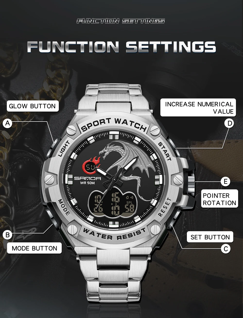 Sanda 3185 New Design For Men Stainless Steel Strap Alarm Mode Waterproof Shock Resistant Outdoor Sports Chronograph Watch