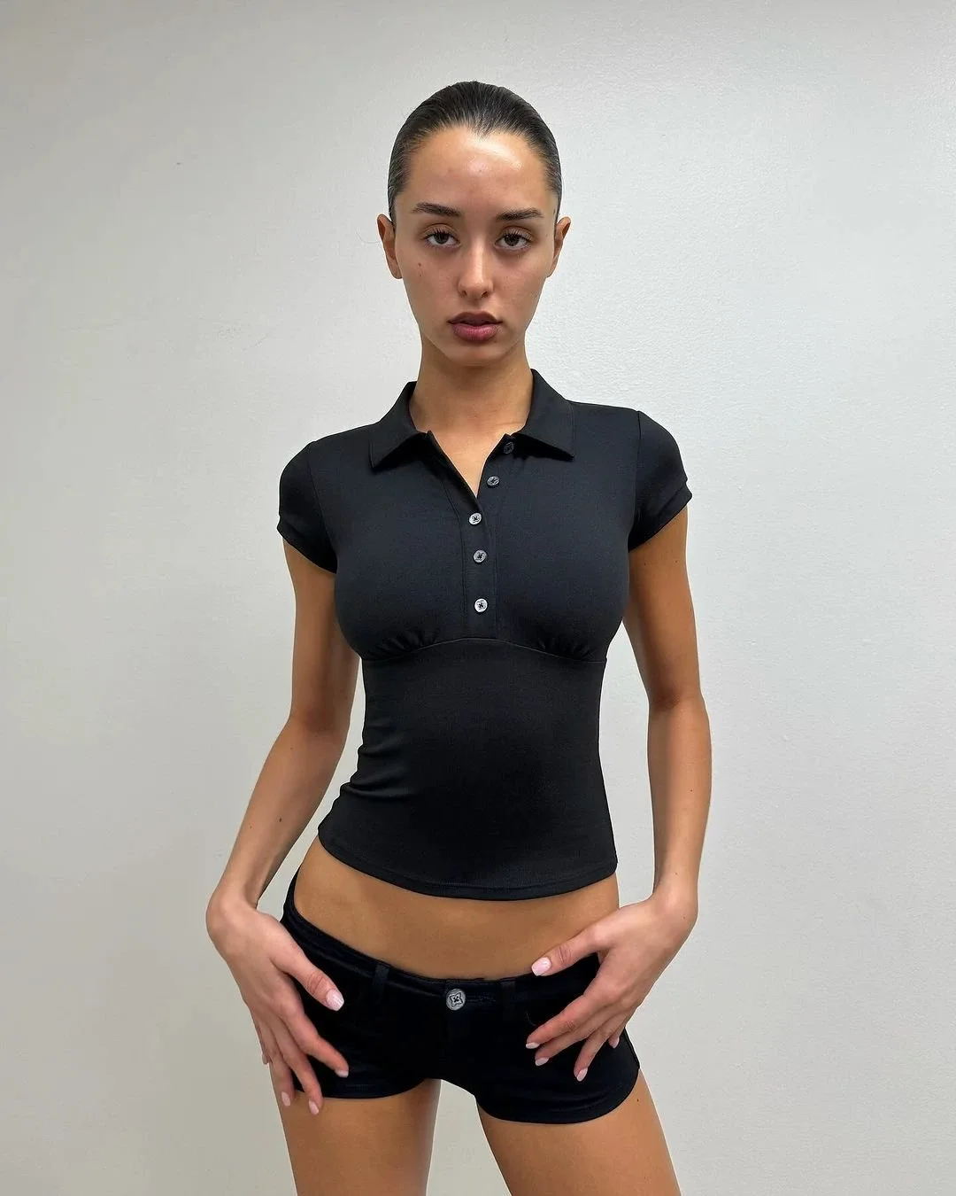 Tank black polo neck T-shirt slim-fit shoulder short sleeve