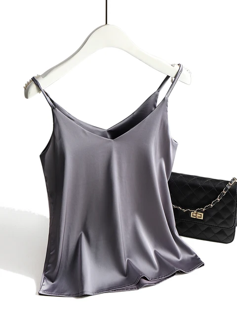 Spaghetti Strap Top Women Halter V Neck Basic White Cami Sleeveless Satin Silk Tank Tops Women'S Summer 2022 Camisole Gray