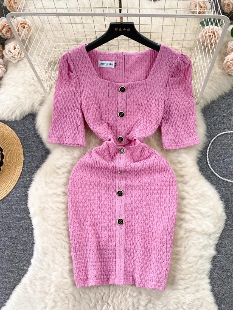 

Women Korean Sexy Bodycon Dress Summer Vintage Square Neck High Waist Hollow Out Shot Dressrdk Short Sleeve Pink Dress Vestidos