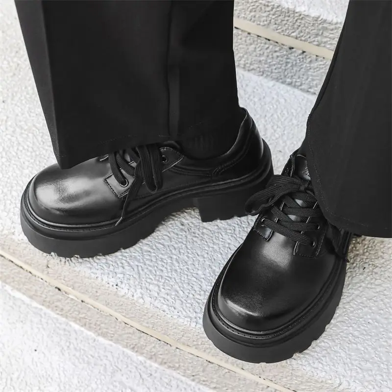 Square Head British Small Leather Heightened Thick-soled Men's Popular Muffin Bottom Formal Wear Business Casual Derby Shoes