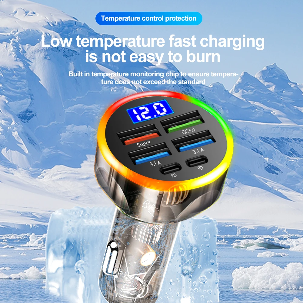 200W MINI Car Charger with Digital Display 6 Ports Fast Charging PD QC3.0 USB Quick Charging Adapter for iPhone Samsung Xiaomi