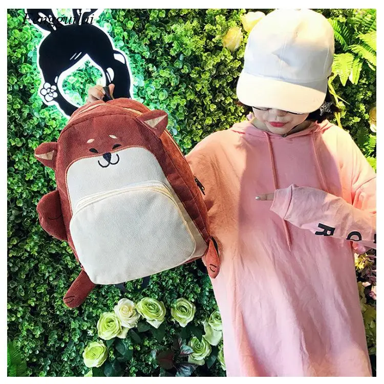 

Japanese Funny Kawaii Cartoon Animal Dog Fox Corduroy Backpack Cute Backpack Large Capacity Schoolbag Female
