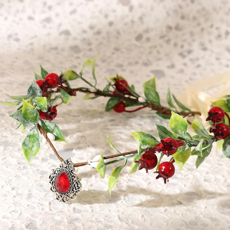 Elegant Forest Flower Elf Crown Headband Wedding Tiaras Red Berry Headwear Crystal Retro Hair Jewelry Bridal Costume Accessories