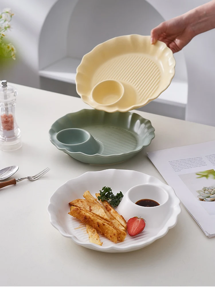 

Plate with Vinegar Dish Dumpling Special Plate Ceramic Household Children's Breakfast Plate Shrimp Plate Partition Plate