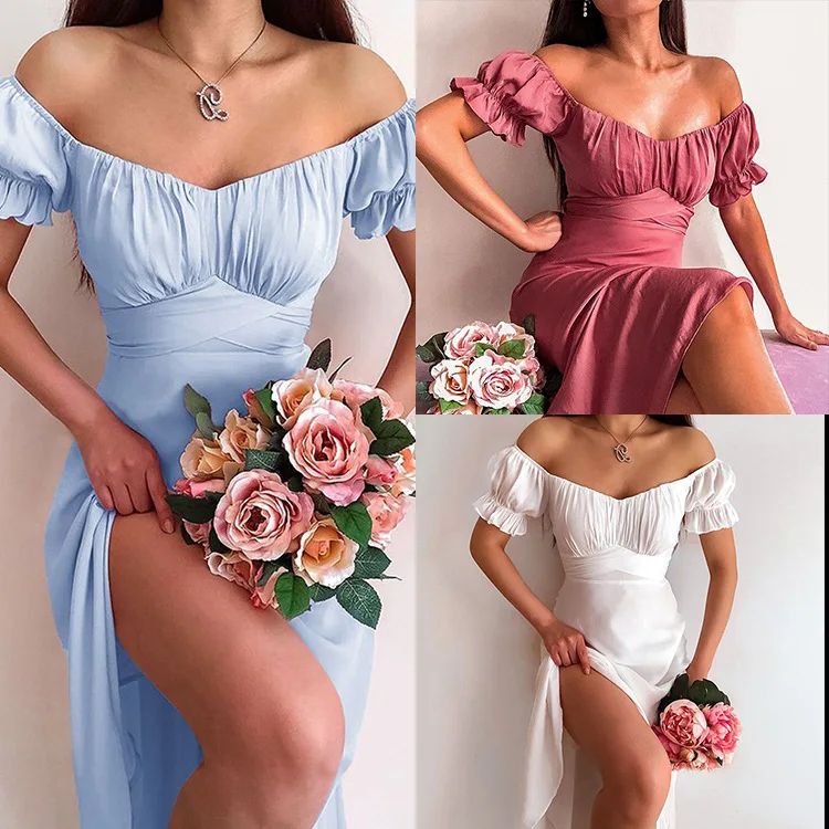 

2023 Summer New Women's Dress High-end Elegant Solid Color Dress with Split Bottom Bubble Sleeve Dress Party Dress