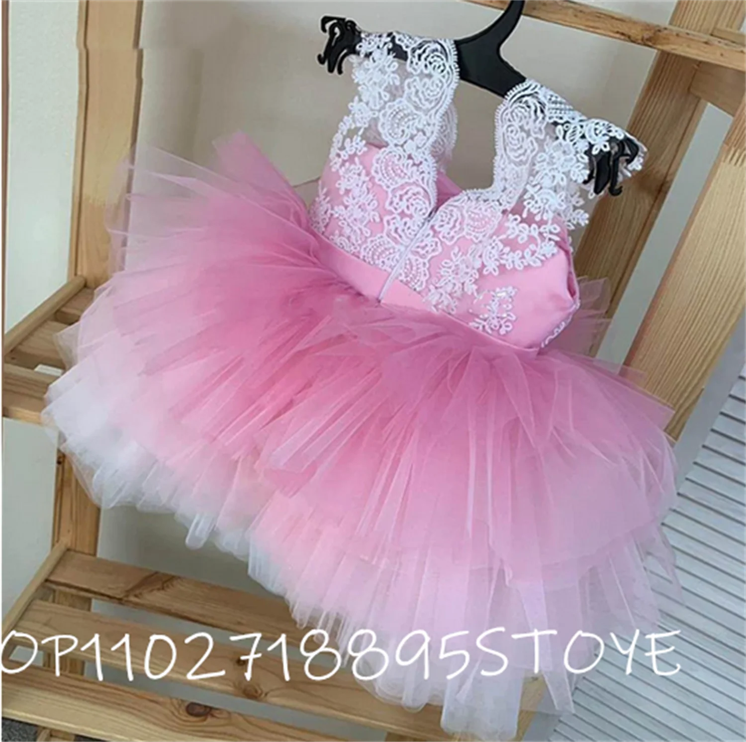 White Lace Pink Tulle Baby Girls Birthday Dress Kids Clothes for Party