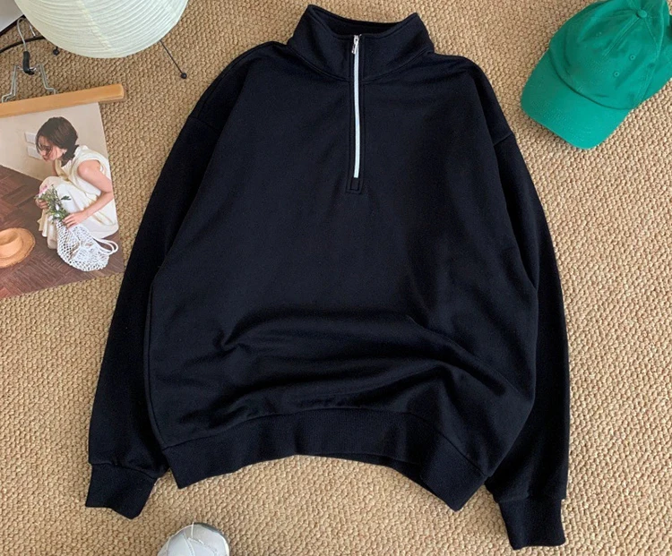 Stehkragen-Hoodie mit halbem Reißverschluss für Damen und Herren, locker geschnittenes Sport-Oberteil in Uni-Farbe – Detail 5