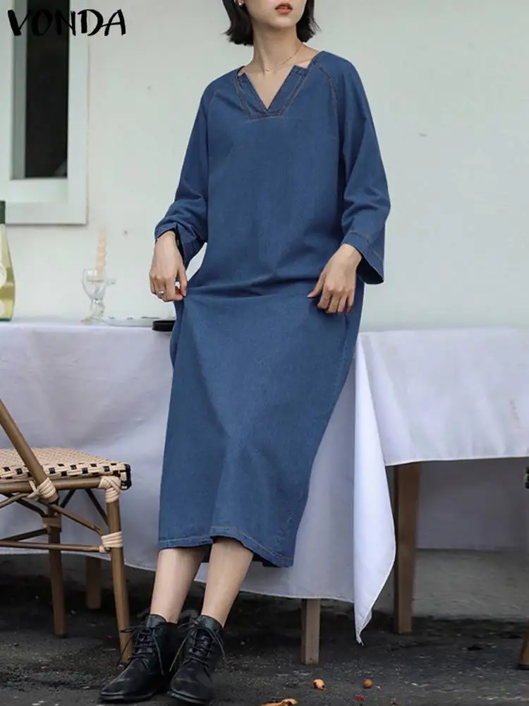

2023 Autumn Women Shirt Dress VONDA Denim Long Dress Elegant V-neck Long Sleeve Casual Loose Solid Color Midi Sundress Robe