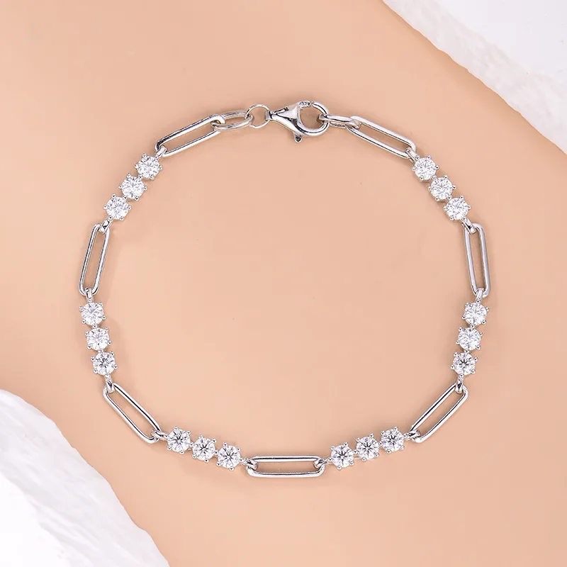 Cloud-Moissanite Pulseiras de Diamante para Mulheres, Clipe de Papel Corte Redondo, Corrente de Prata Esterlina 925, Presente Fine Jewelry, 3,0mm