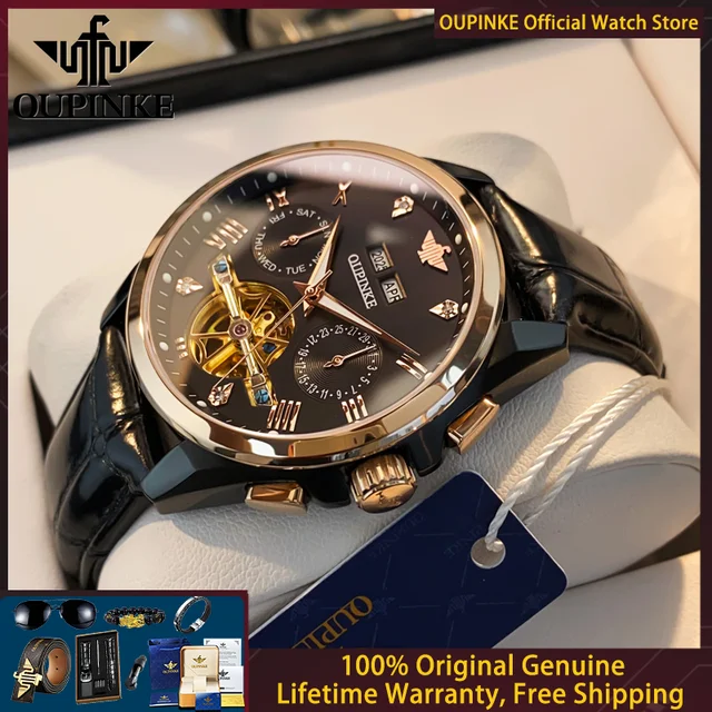 OUPINKE 3186 Men's Watch Luxury Hollow Tourbillon Men Mechanical Fully Automatic Watch Waterproof Calendar Timing Code Men Watch