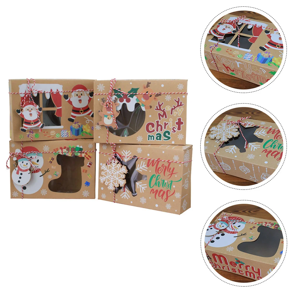 

4 Pcs Christmas Window Box Cookie Boxes Party Supplies Kraft Paper Gift Biscuit Holder with Candy Packaging