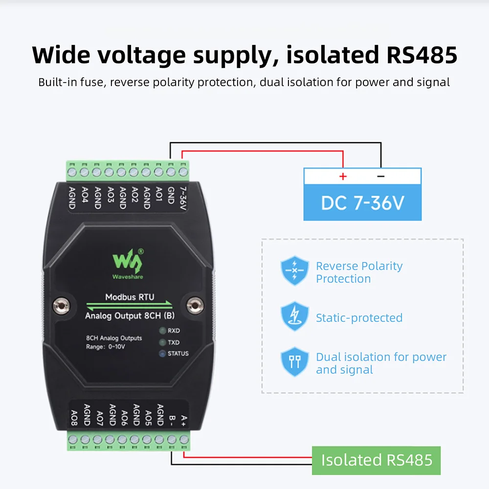 Waveshare 8-Kanal Analogausgangsmodul Industriequalität 12-Bit DA-Konvertierung Modbus RTU Protokoll für SPS-Systeme – Detail 7