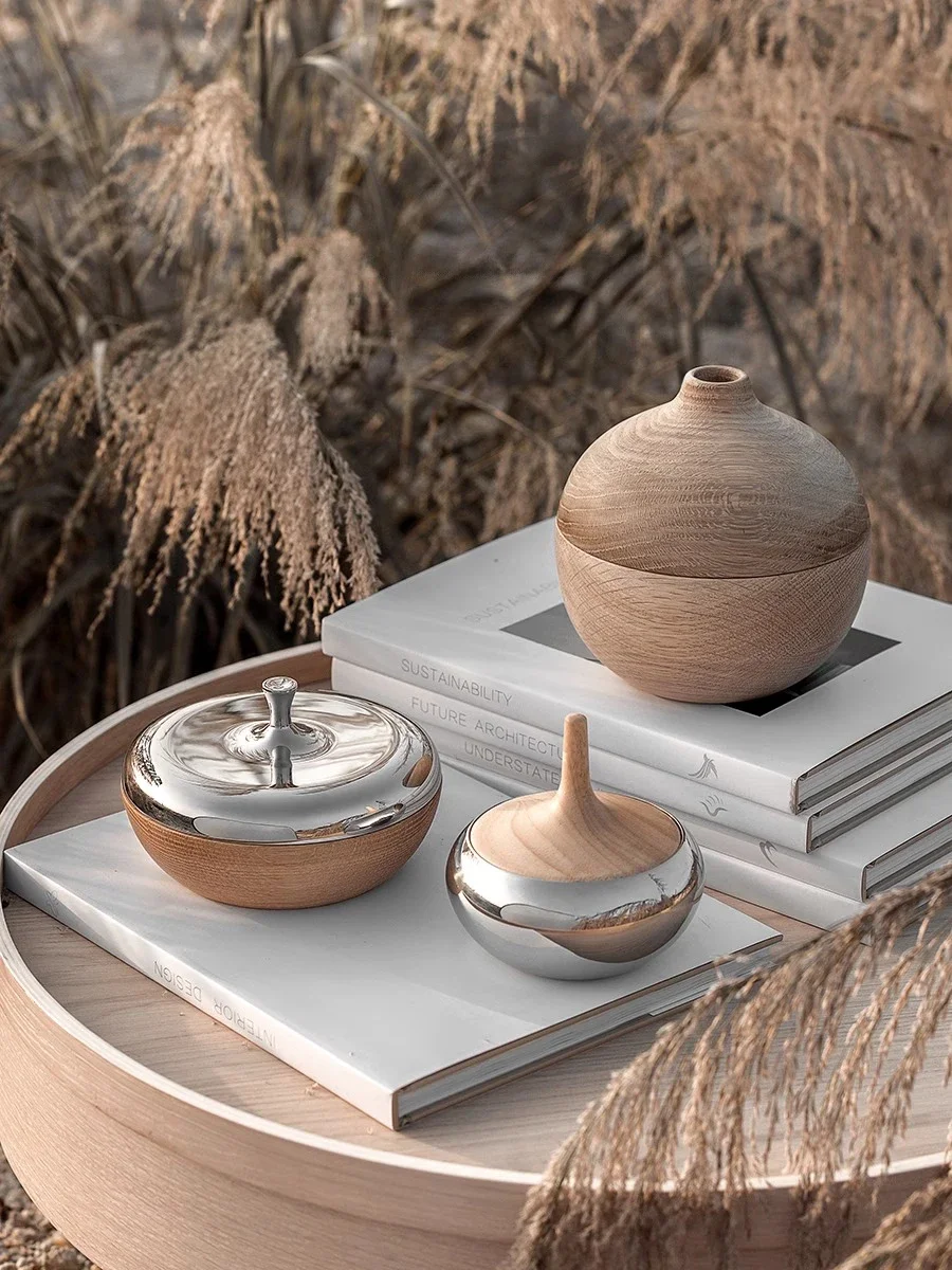 Oak Storage Box with Lid, Metal Bowl,Candy Jar, Stainless Steel Jewelry Box for Room Decor, Home Decoration, Gifts 4