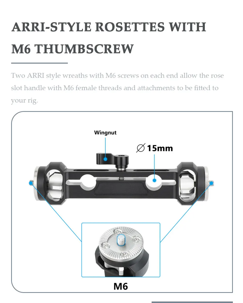 15mm Rod Clamp with ARRI-Style Rosettes Dual M6 Male Screw Mount Handles or Acc