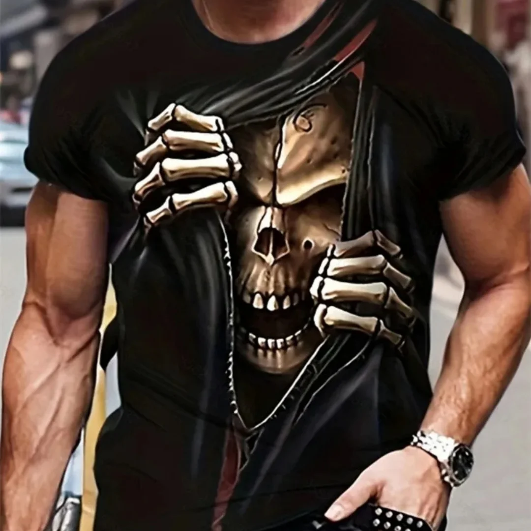 Mens Oversized 3D Skull Print T-Shirt - Summer Horror Fashion Tee