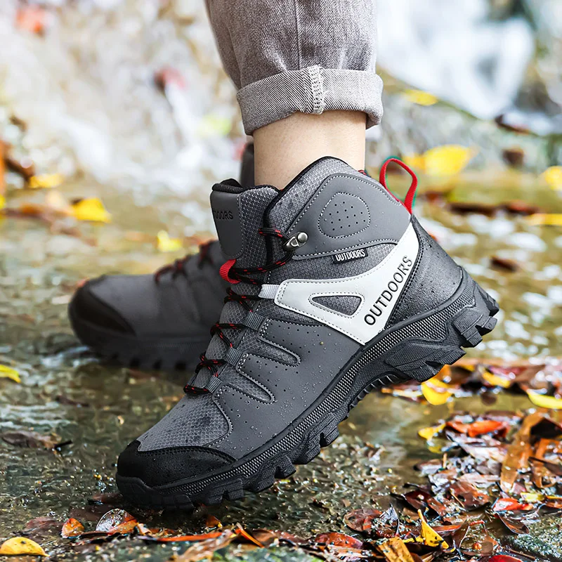 High Top Black Walking Shoes Men Outdoor Breathable Lace-up Hiking Boots For Men Comfortable Non-slip Men's Trekking Sneakers