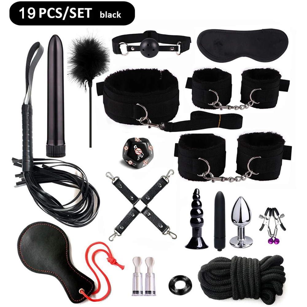 Kit Bondage com Restrições Eróticas, Chicote e Plug Anal Vibratório - Conjunto de Brinquedos Sensuais - 20%OFF