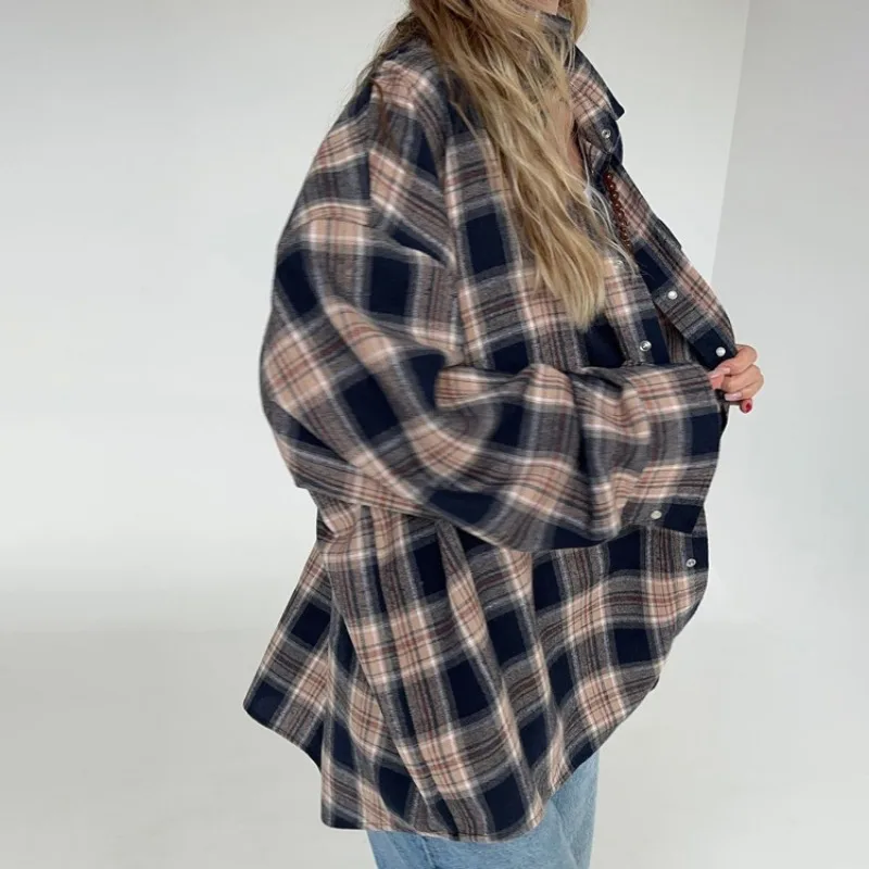 Blusa retro informal para mujer, moda Otoño Invierno 2025, camisas largas holgadas, cárdigan básico a cuadros para mujer, ropa de calle para mujer