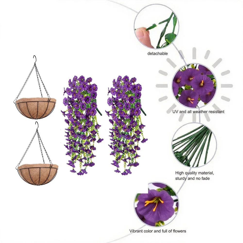 4PCS Plastic Faux Hanging Plants UV Resistant Morning Glory Vines Realistic Hanging Plants for Wedding Home Garden Outdoor