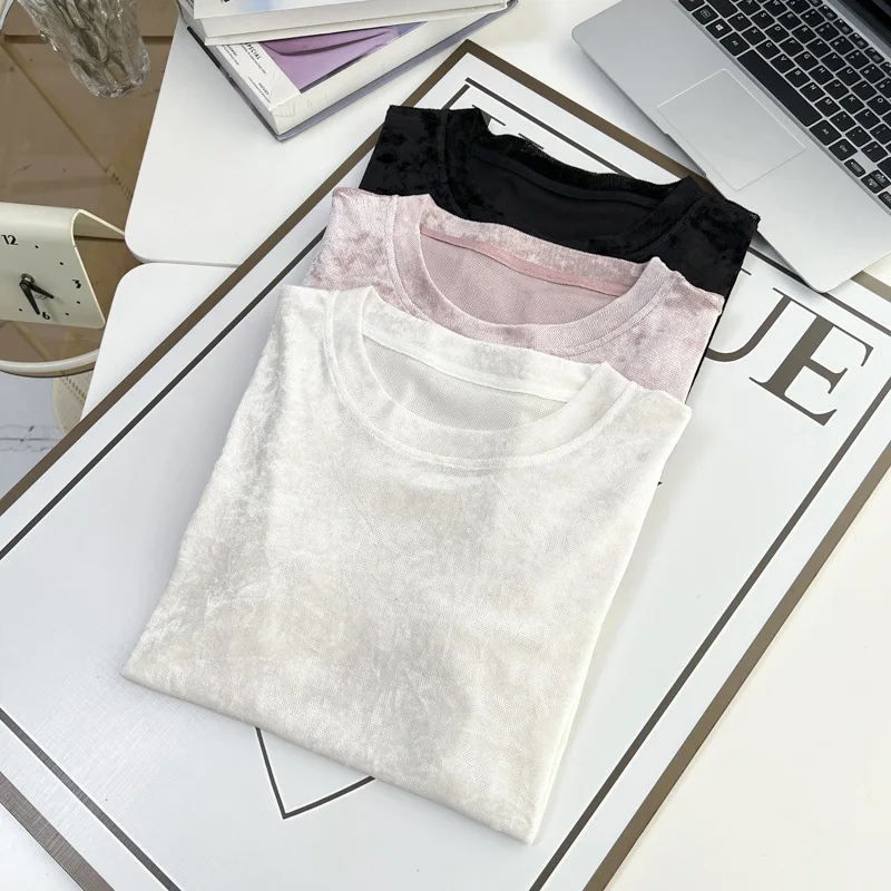 100kg Summer New Tees Fashion Velour Short Sleeve Plus Size Women's T-Shirt Temperament Thin Base Top 625
